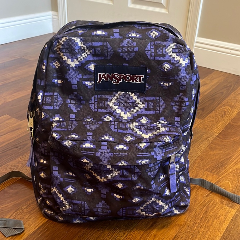 Jansport Backpack black and purple and Aztec pattern